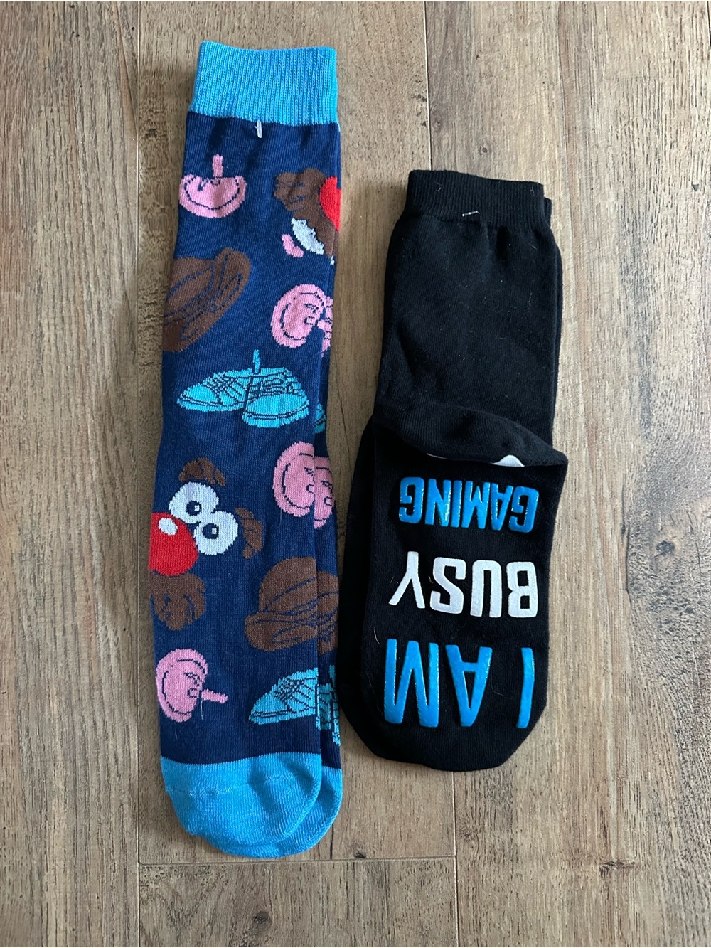 Novelty Crew Socks - Blue Multi Patterned & Black 'I AM BUSY GAMING' Socks NWOT
